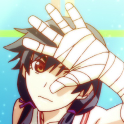 crop from Hanamonogatari of a long-haired Kanbaru Suruga looking up at the light, blocking it with her bandaged left arm