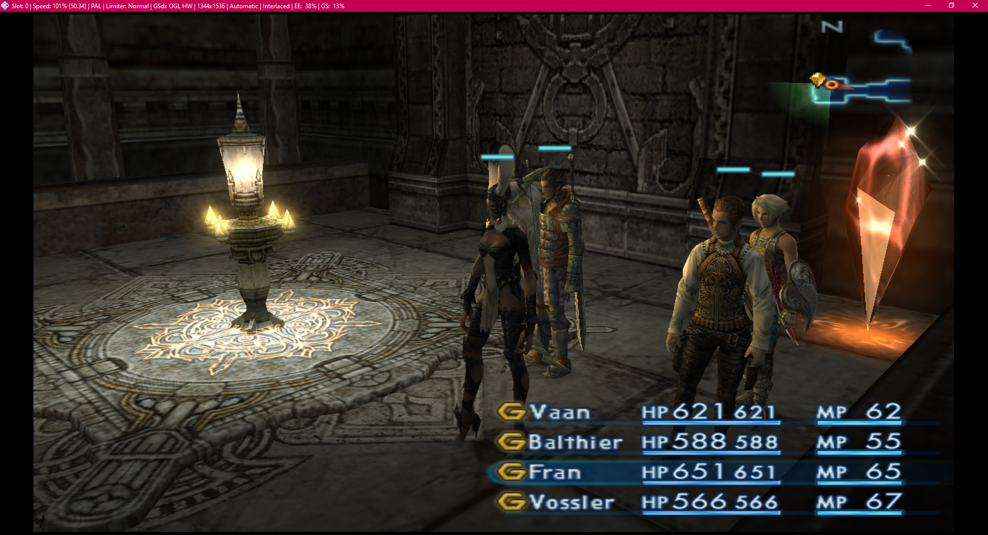 Screenshot of a 1080p widescreen PCSX2 window on Windows 10, showing FINAL FANTASY® XII running at 1344x1536, showing an in-game scene where the characters Vaan (HP 621/621, MP 62), Balthier (HP 588/588, MP 55), Fran (HP 651/651, MP 65) and Vossler (HP 566/566, MP 67) are standing at the entrance of The Tomb of Raithwall. The image is much clearer and sharper than on the CRT.