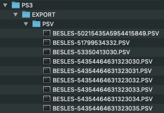 screenshot of the macOS Finder showing a folder called “PS3”, which contains a folder called “EXPORT”, which contains a folder called “PSV”, which contains several files whose names begin with “BESLES-” followed by several digits and ending with “.PSV”
