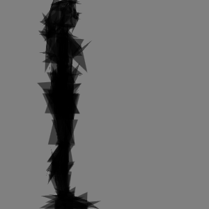 Silhouette of Lara Croft in profile, but with many jagged half-transparent triangles sticking out of her, as if she's covered in thorns.