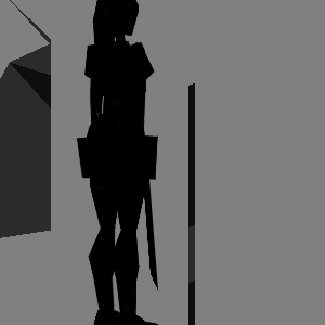 Silhouette of Lara Croft, but several large glitch polygons are visible that have no obvious connection to the model.