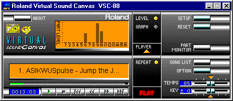 Screenshot of “Roland Virtual Sound Canvas VSC-88” running on Windows 98. It is pretty in the particular way only low-bit-depth pixel-art audio software UIs can be. It has lots of shiny surfaces, golden embossed General MIDI and GS logos, the classic orange Roland Sound Canvas bar graph-like visualisation of currently playing parts, and various controls that don't bear much resemblance to its hardware brethren.
