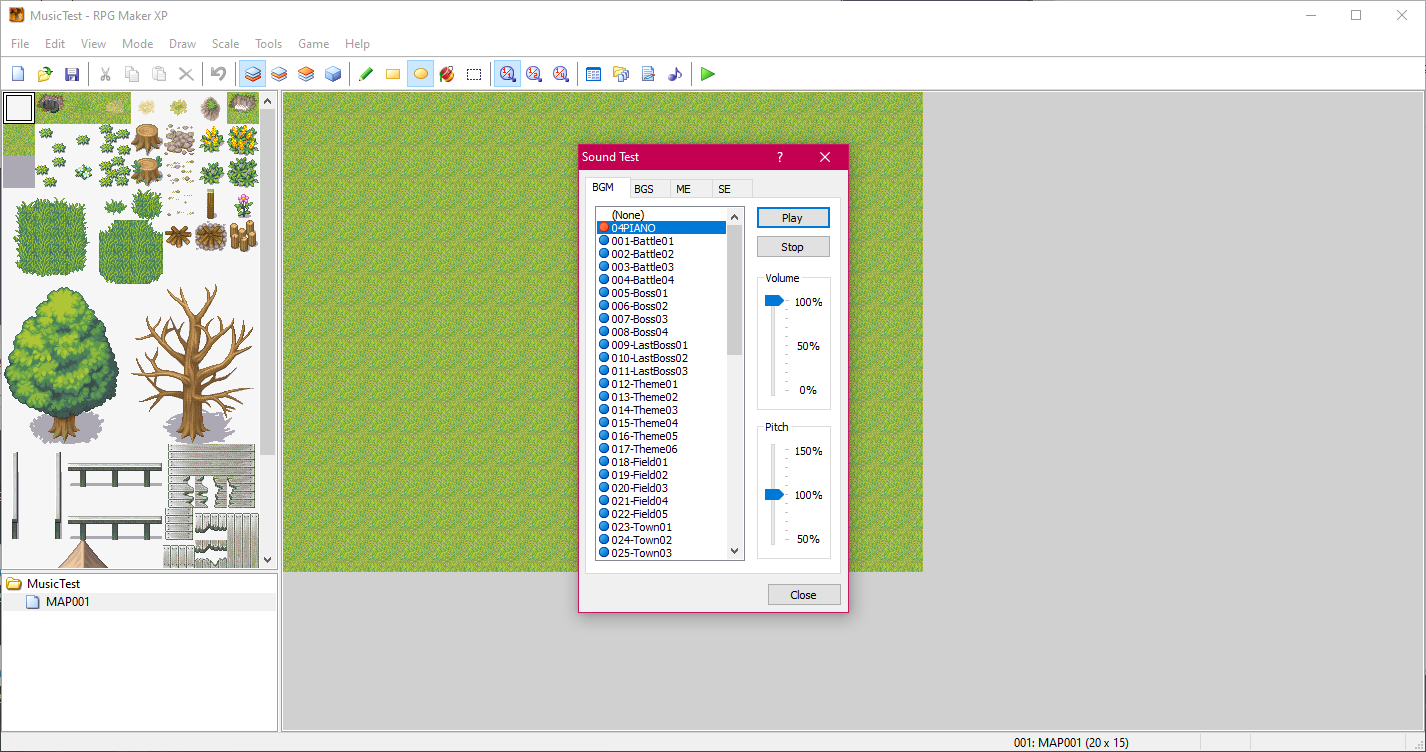 Screenshot of RPG Maker XP, showing a project with a completely empty grassy field zone, a selection of tiles that could be placed onto the map, and in the center of the screen, a “Sound Test” window, listing various bundled “BGM” (background music) MIDI tracks, but with the currently highlighted one being a user-provided track named “04PIANO”.