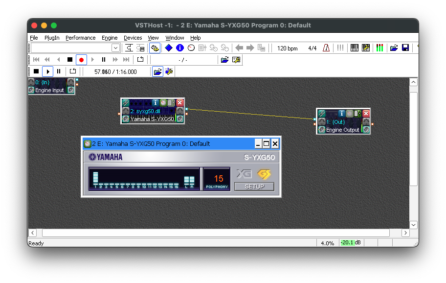 A screenshot of an app called “VSTHost”. In it we can see various widgets floating around, two of which are connected by lines, and also that some sort of track is currently being played back (57 seconds in, 1:16 total length). One of the widgets is a small window for “Yamaha S-YXG50”, which has a tiny audio plugin UI with a beautiful brushed-metal æsthetic, bar-graph visualisation of playing parts, a polyphony counter, embossed XG and GS logos, and a “Setup” button. The GS logo is glowing in gold.