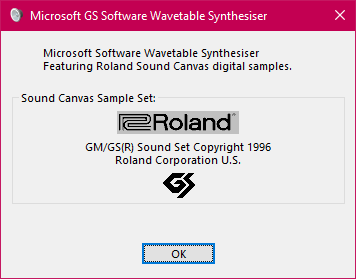 Screenshot of a dialogue box on Windows 10. The title is “Microsoft GS Software Wavetable Synthesiser”, and the box contains the lines of text “Microsoft Software Wavetable Synthesiser” and “Featuring Roland Sound Canvas digital samples.”, then a subsection labelled “Sound Canvas Sample Set:” that contains the Roland and GS logos alongside a notice stating “GM/GS(R) Sound Set Copyright 1996 Roland Corporation U.S.”.