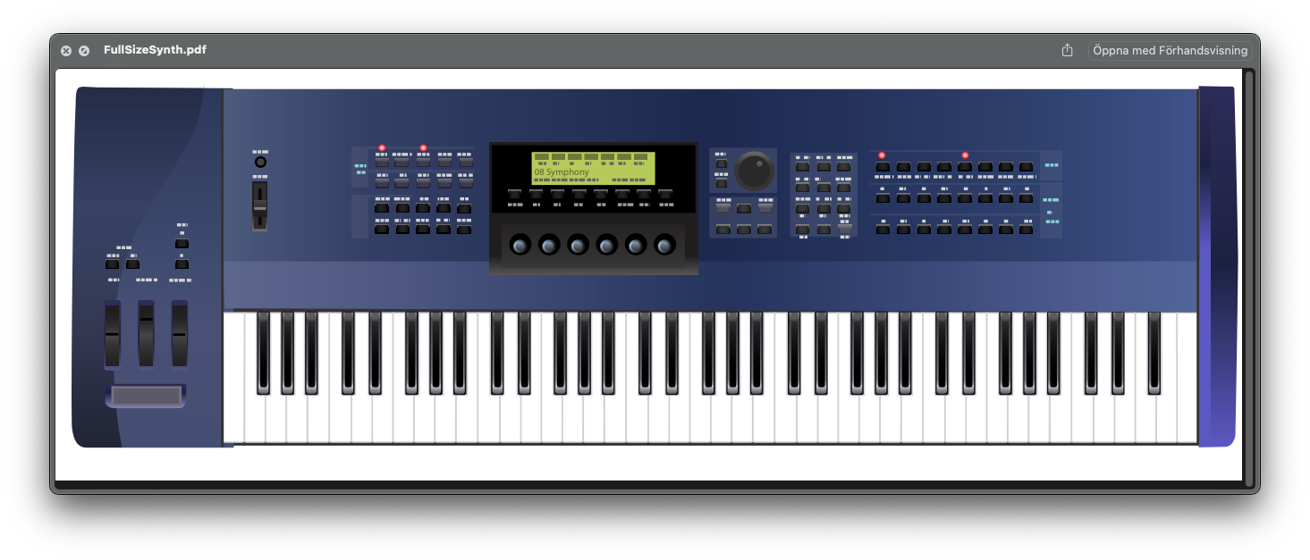 Screenshot of a PDF file being viewed with macOS's “Quick Look” feature. The PDF file is named “FullSizeSynth.pdf”. The content is a vector illustration of a large, shiny, dark blue synthesiser keyboard, with all sorts of controls, and a green LCD that displays the patch name “08 Symphony”.