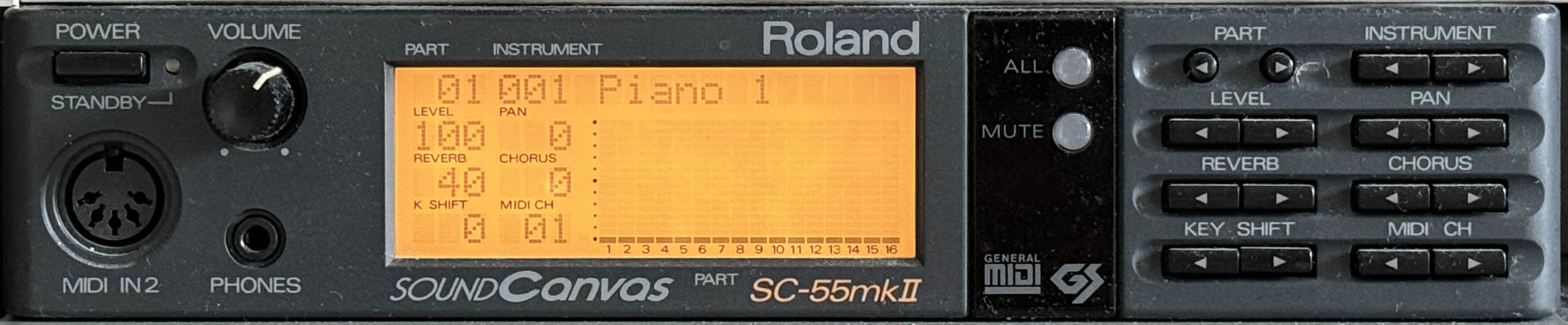 Photo of the front panel of a Roland Sound Canvas SC-55mkII. This is a half-rack unit, 1U high. It is constructed from dark grey plastic, and has a distinctive black-on-orange backlit LCD screen that displays a bar graph-like visualisation of the various musical parts being played. It has an individual pair of left/right buttons for each of the following parameters: the “Part”, “Instrument”, “Level”, “Pan”, “Reverb”, “Chorus”, “Key Shift” and the MIDI channel. Each of those parameters also has a dedicated numeric zone on the LCD, arranged in the same rows and columns. It also has a 3.5mm headphone jack, and a MIDI port labelled “MIDI IN 2” among other things.