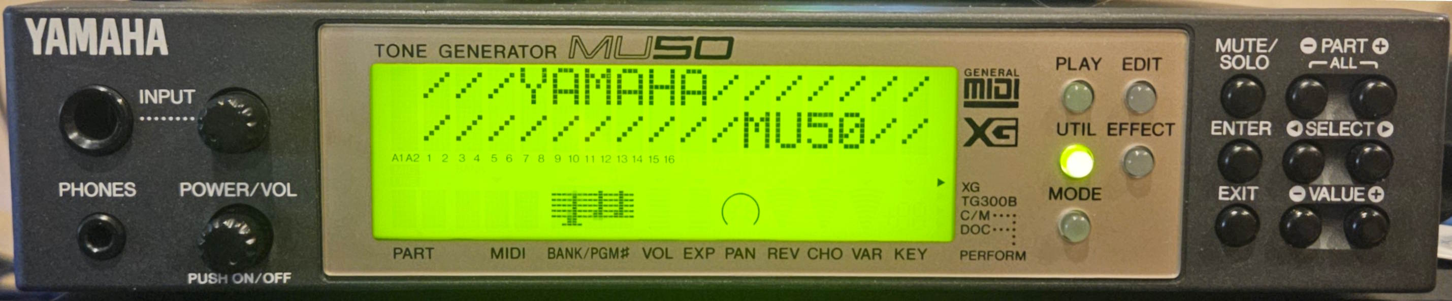 A photo of a “Yamaha MU50” “Tone Generator”. It looks more or less identical to the MU80, with the main notable difference being there is no gold-rimmed quarter-inch “A/D Input” jack, only a plastic “Input” jack.
