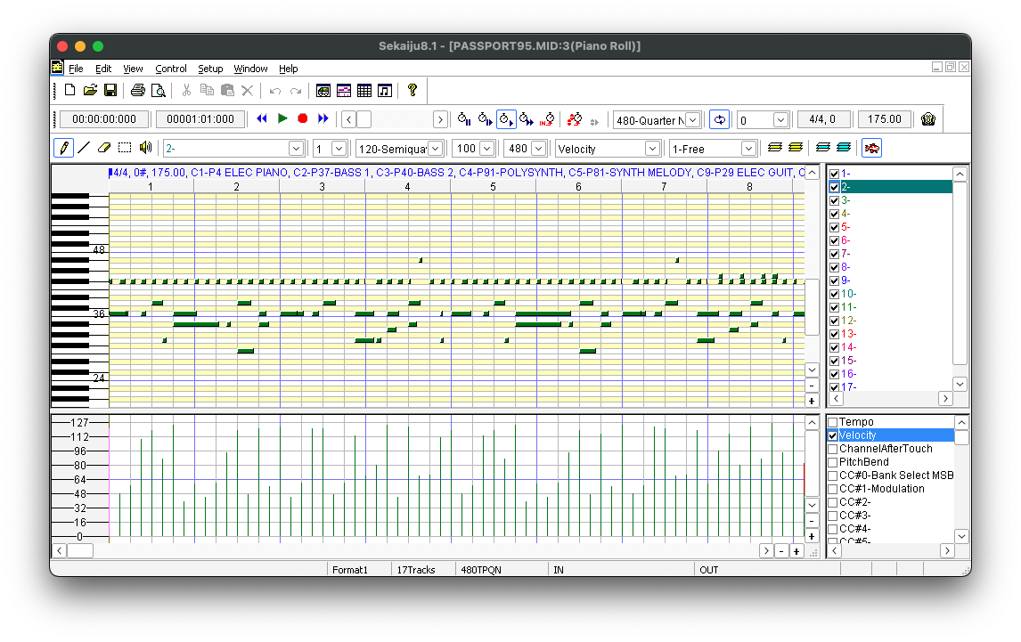 Screenshot of a file called PASSPORT95.MID opened in a MIDI editor named Sekaiju, showing a Piano Roll view, where one can see a visual representation of the different note pitches and durations, and also their velocities.