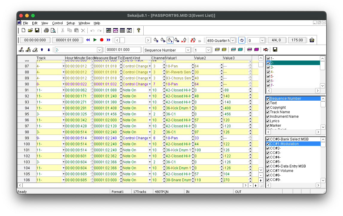 Screenshot of a file called PASSPORT95.MID opened in a MIDI editor named Sekaiju, showing the Event List. In the section of the list visible in the screenshot, we can see various events with different timestamps, with different “Event Kinds” like “Control Change” and “Note On”. The “Control Changes” appear to be affecting things like “Pan”, “Reverb Send” and “Chorus Send”.