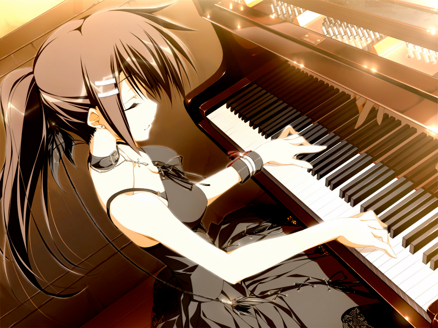 Detailed Japanese visual novel-style illustration of a young woman with brown hair in a ponytail, who is wearing a frilly black dress, playing a piano, and obviously enjoying herself.