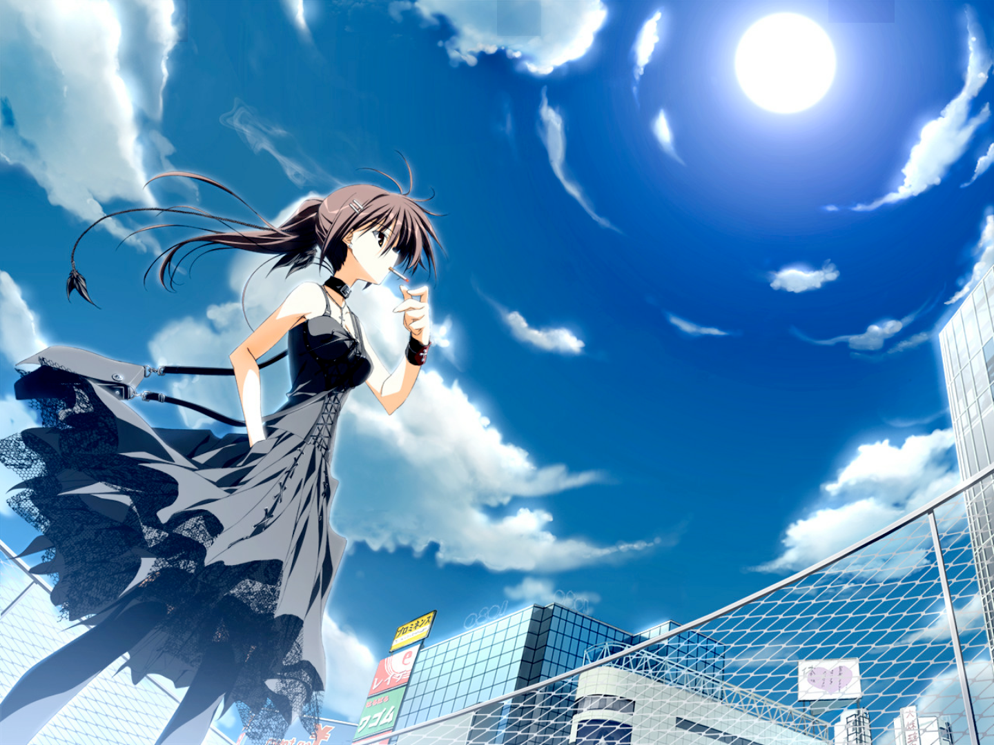 Detailed Japanese visual novel-style illustration of a young woman with brown hair in a ponytail, who is wearing a frilly black dress. She is standing on a rooftop with the wind in her hair, smoking a cigarette and wearing a contemplative expression. The centrepiece of the illustration is the sky, with the bright sun in a deep blue sky surrounded by many different sizes of clouds, that circle it from all directions, but still leaving half the sky uncovered. In the bottom part of the image, we can also see shiny, tall buildings, neither very distant nor very near, as if in the middle of a large Japanese city. Finally, we can also see the rooftop's fence, with its criss-crossed metal wire.